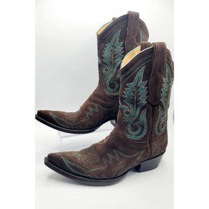 Old Gringo Chocolate Brown Suede & Blue Western Cowboy Boots Women's Size 8.5
